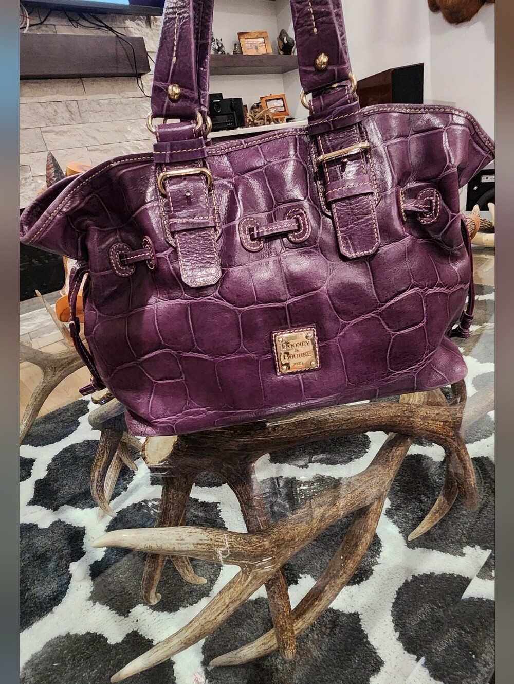 Dooney & Bourke Plum Croc-Embossed Leather Shoulder Bag with Gold Hardware